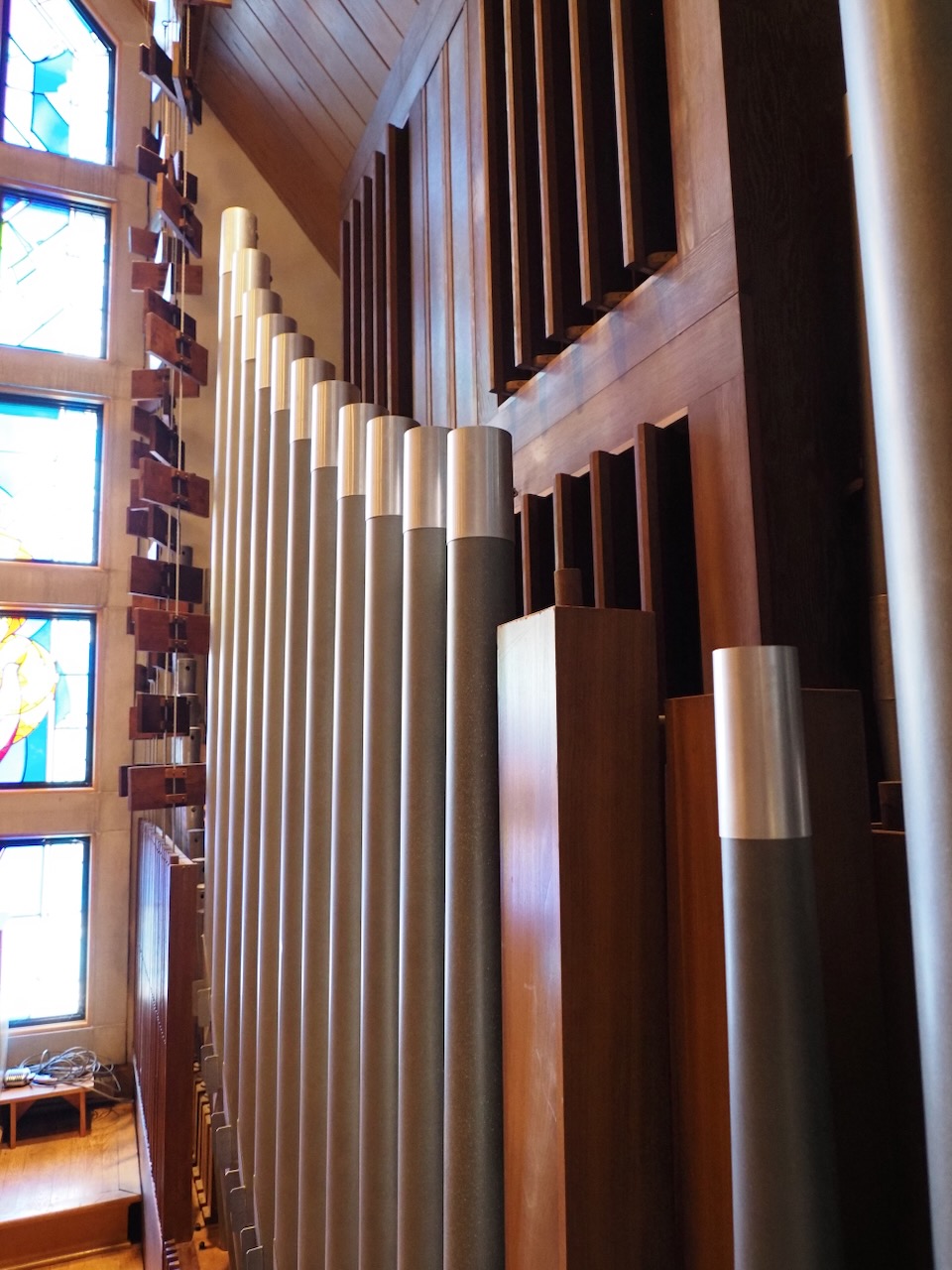 View of Swell box behind Pedal pipes